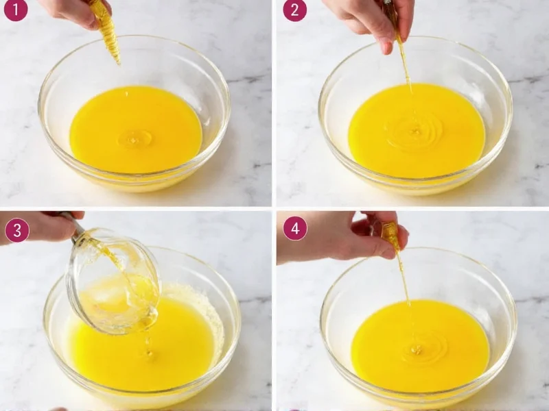Step-by-step emulsification process showing oil drizzling into egg mixture