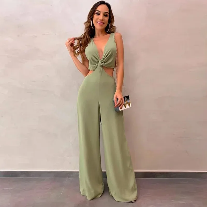 

Women V Neck Backless Jumpsuits Loose Style Long Overalls Elegant Party Club Jumpsuit