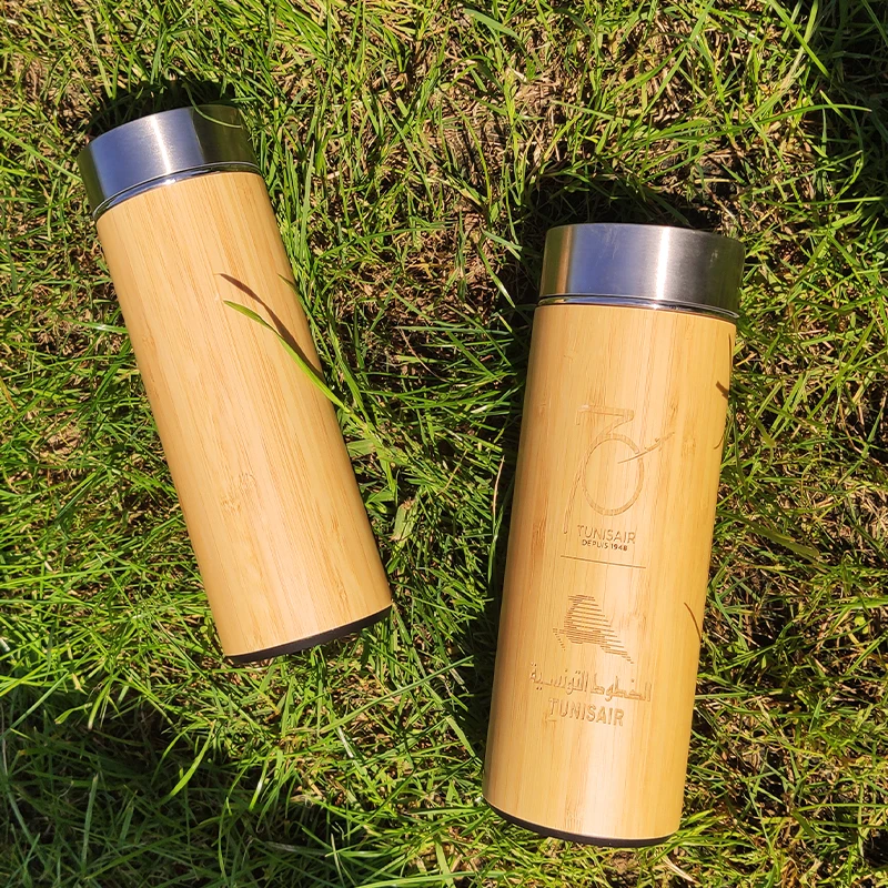 

Mikenda Hot-sale Eco-friendly bamboo shell stainless steel material vacuum flask with tea filter with logo, Customized color