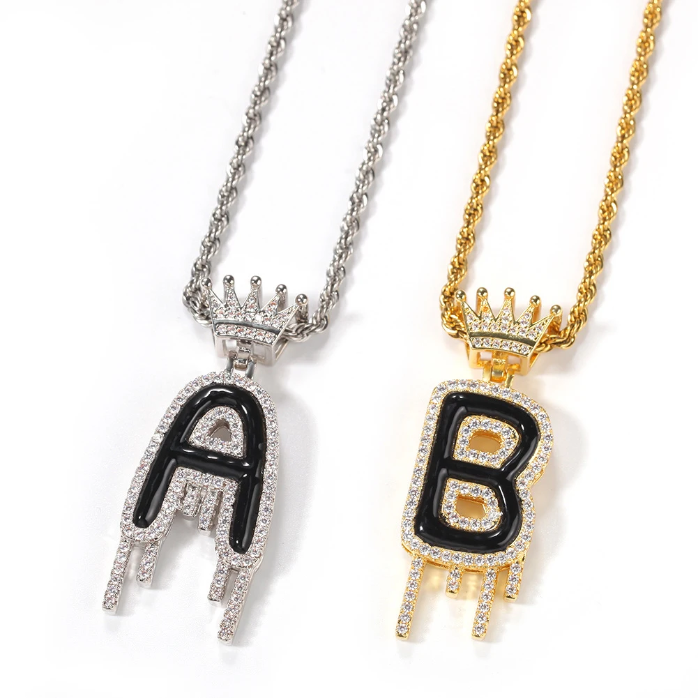 

Blues RTS hip hop Fashionable micro pave iced out Crown Drip CZ necklace with enamel letter