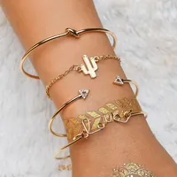 

4 Pcs Trendy Simple Gold Plated Triangle Knot Cactus Love Cuff Bangle Wholesale Bracelet Set For Girls