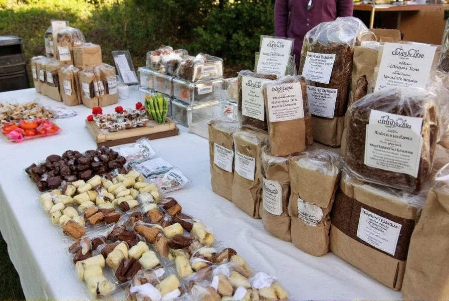 Local Durham farmers market display featuring handmade cocoa products and cinnamon spice blends