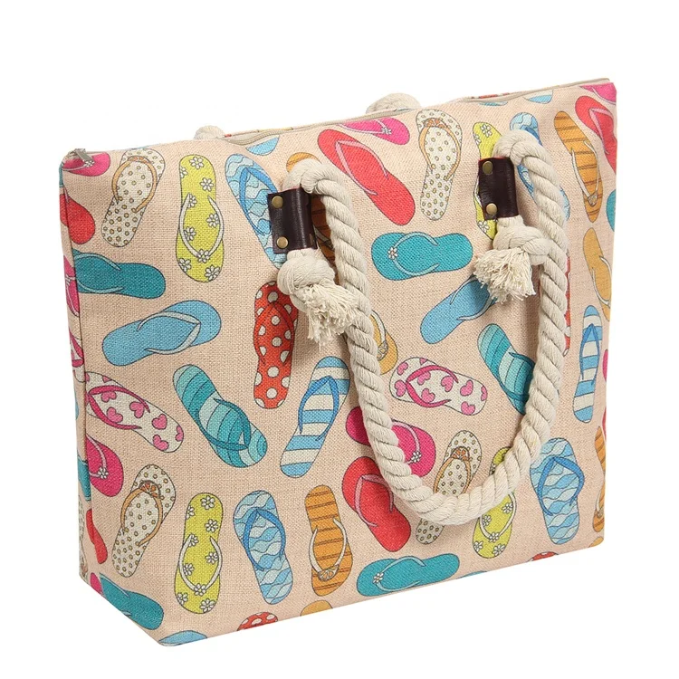 
Custom pattern polyester tote beach bag with cotton rope 