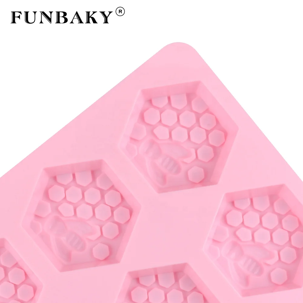 

FUNBAKY Polygonal 6 cavity large volume honey bee shape body soap silicone mold handcraft scented candle making molds, Customized color