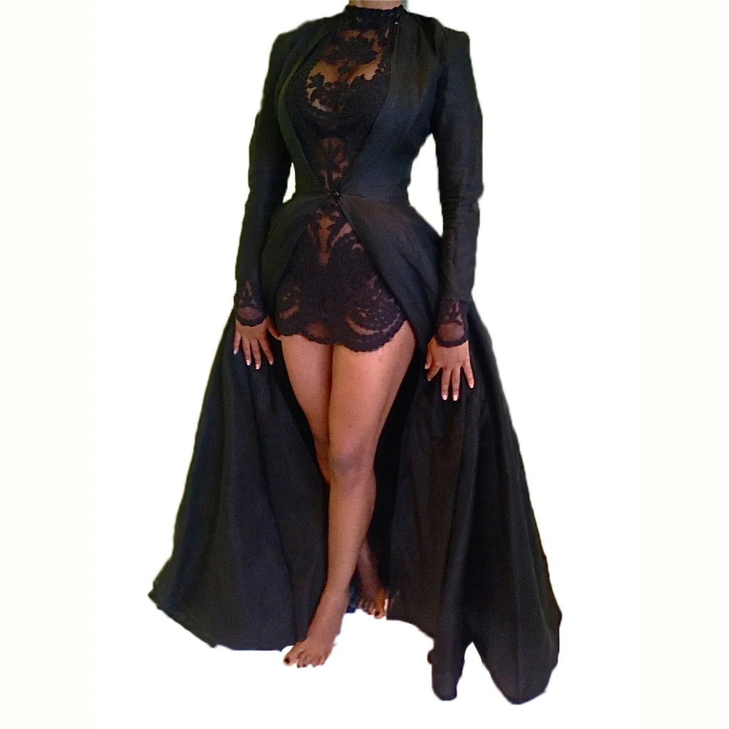 

Stylish Boutique Noble Sexy Long Sleeve Lace Solid Color Skinny Chiffon Black fall Women's Two Piece Dress