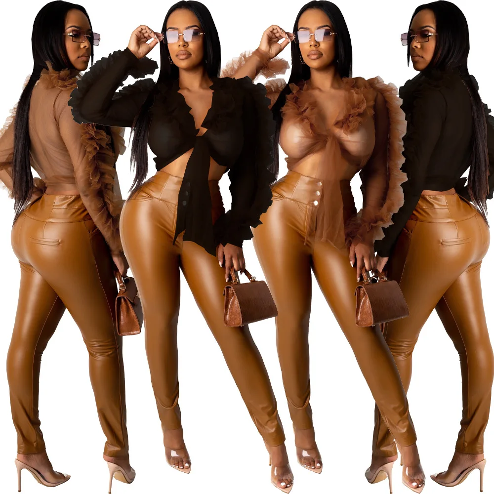 

B54022A Sexy women mesh sheer fashion club wear sexy long sleeve blouse, Black/brown