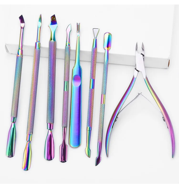 

Low MOQ custom logo stainless steel double ended nail pusher rainbow for gel remover, Sillver,rainbow