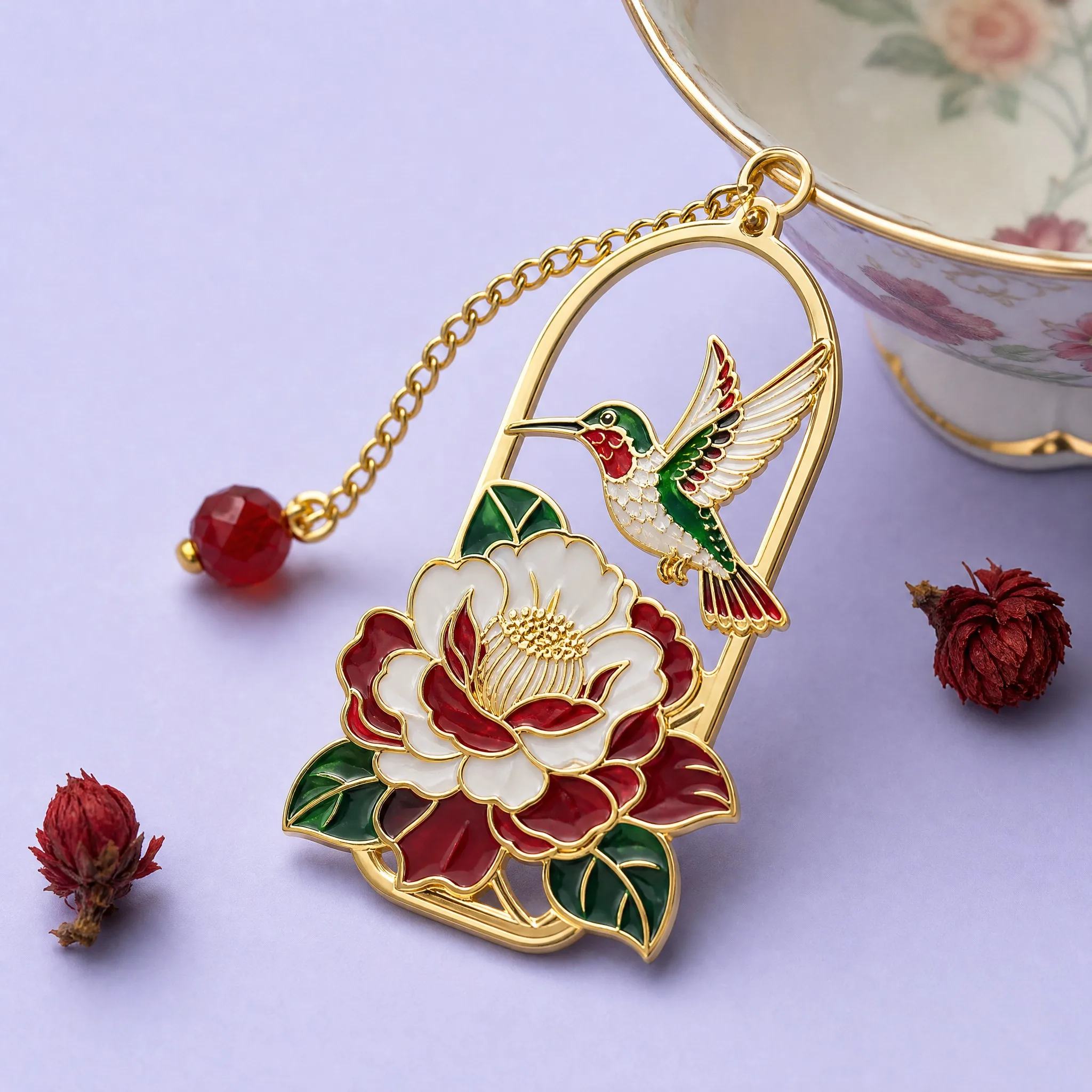 Custom Hollow Gold Arch Enamel Hummingbird Bookmark with Red Crystal Bead