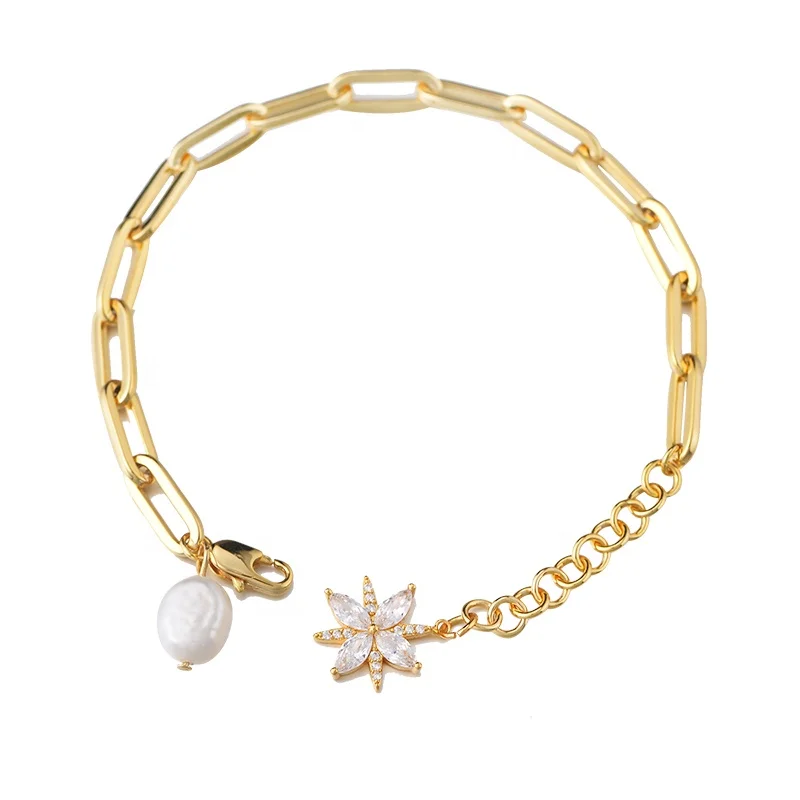 

PEISHANG CZ zircon flower charm Splicing Link Adjustable brass bracelet 18K Gold Plated Shell Pearl Paper Clip Chain Bracelet