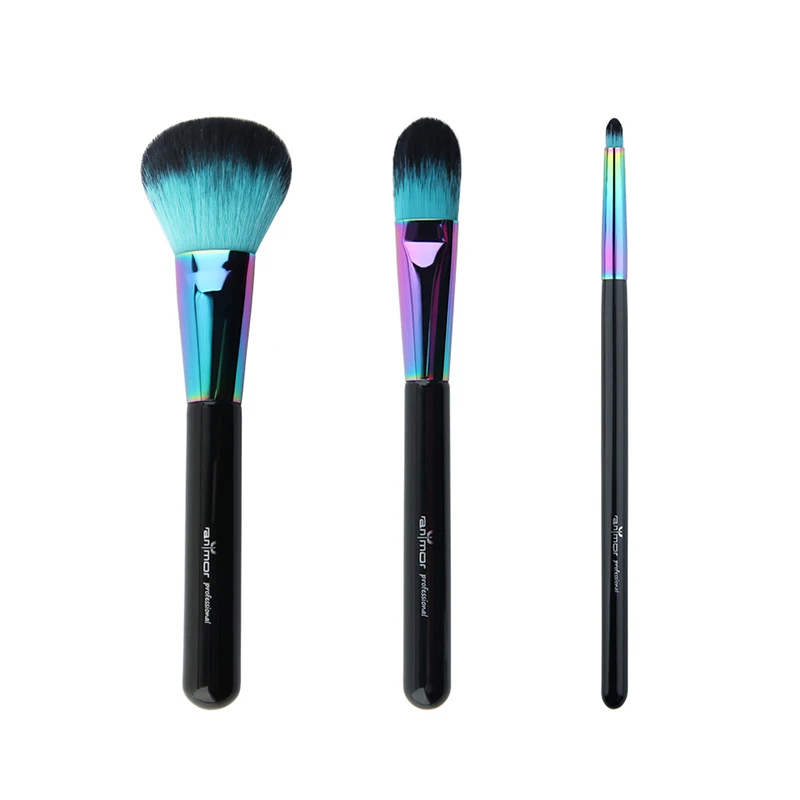 

3Pcs Synthetic Hair Copper Ferrule Make Up Brushes set Powder Contour Facial Wooden Makeup Brush, Black with rainbow color