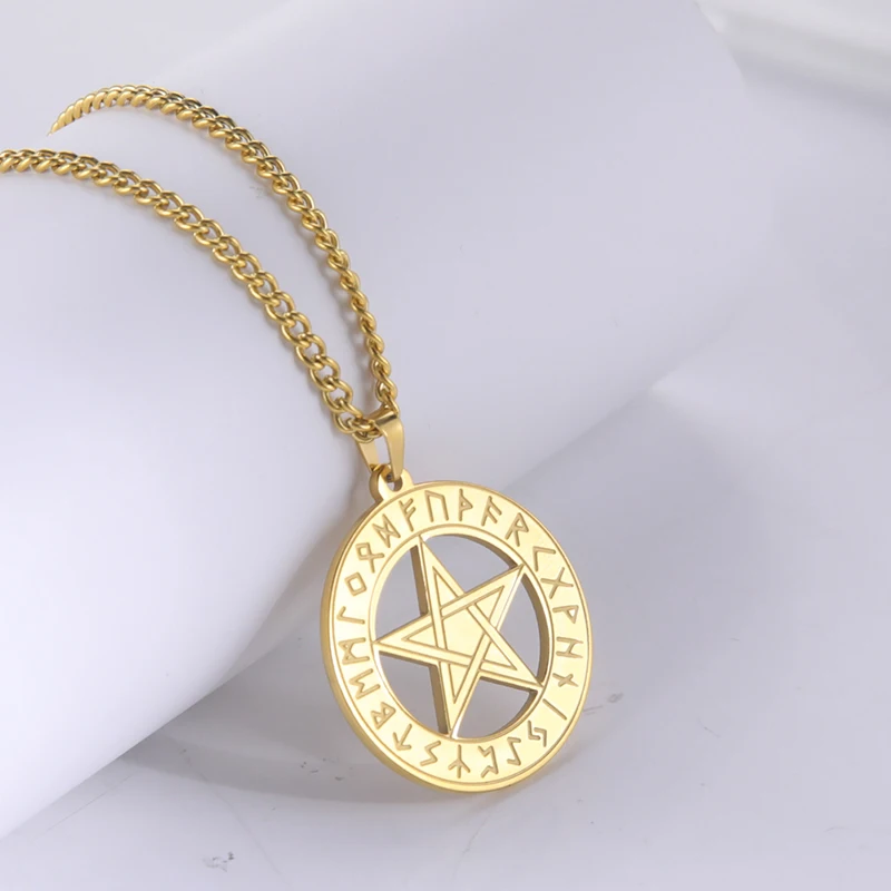 

Supernatural Pentagram Runes Pagan Necklace Wiccan Pentacle Runes Patch Pendant Necklace Stainless Steel Men Jewelry Gift, Steel color, gold(accept customized)