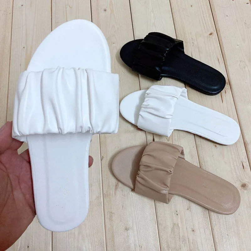 

Plus size rushed strap female slippers sandals round peep toe lady flats mules classy women slides summer outer wear