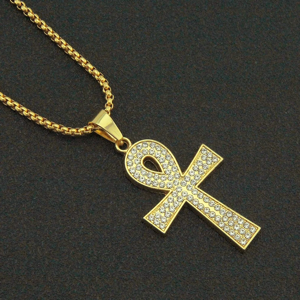 Egyptian Ankh Necklace Crystal Alloy Gold Plated Jewelry Hip Hop Rhinestone Ankh Pendant Necklace Jewelry for Sweater Necklaces