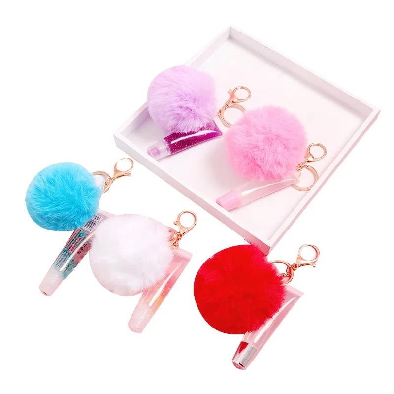 

Christmas Pompom Lipgloss Keychain Private Label Manufacturer Fruit Plumping Pink Cute Bulk Key Chain Lip Gloss