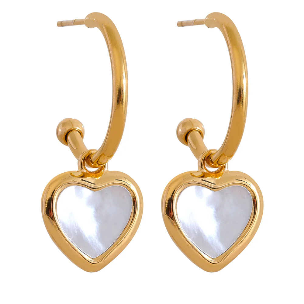 

JINYOU 1154 Natural Shell Heart Drop Stainless Steel Gold Hoop Earrings Women Romantic Sweet Daily GuanZhou Jewelry Wholesale