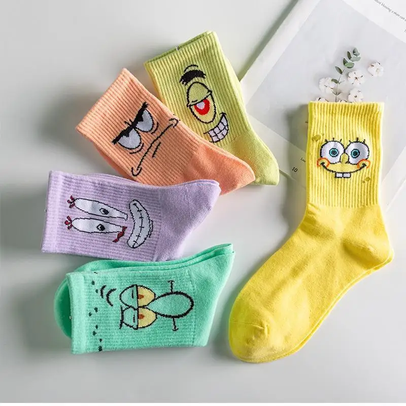 

Lovely Women Cartoon Socks Students Pink Purple Yellow Green Crew Socks Novelty Comic Figure Print Colorful Cotton Socks, 5 colors as picture