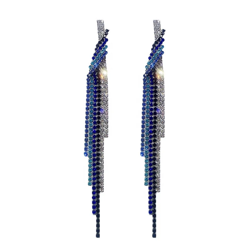 

Fashion Exaggeration Crystal Tassel Earrings for Women Blue Zircon Dangler Earrings Night Club Party Ear drop Jewelry, Picture shows
