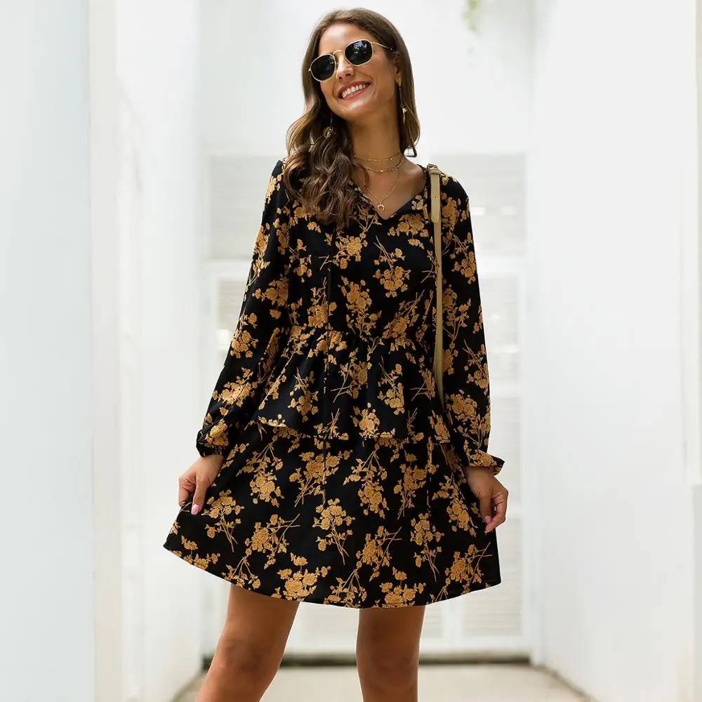 

New Products 2020 Latest Dress Designs Lantern Long Sleeve Lace-Up Round Collar Floral Loose Dress vestidos casuales women, Black