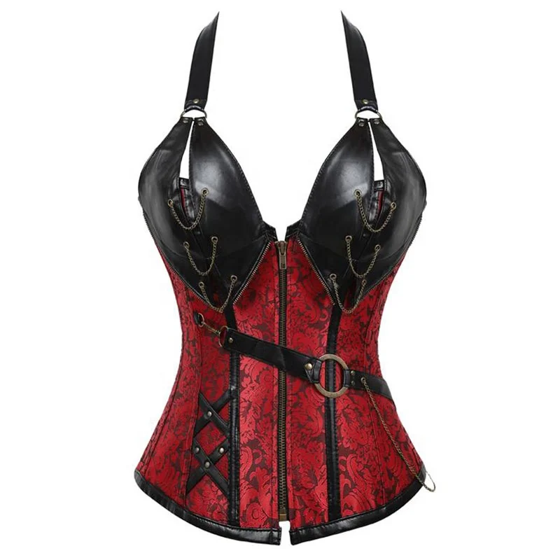 

Steampunk Deep V-neck Halter Neck Gothic Corset Top Leather Suspender Plus Size Corset Gathering Abdomen Gothic Zipper Corset, Black, brown, grey black, silver black, red black, can be customerized