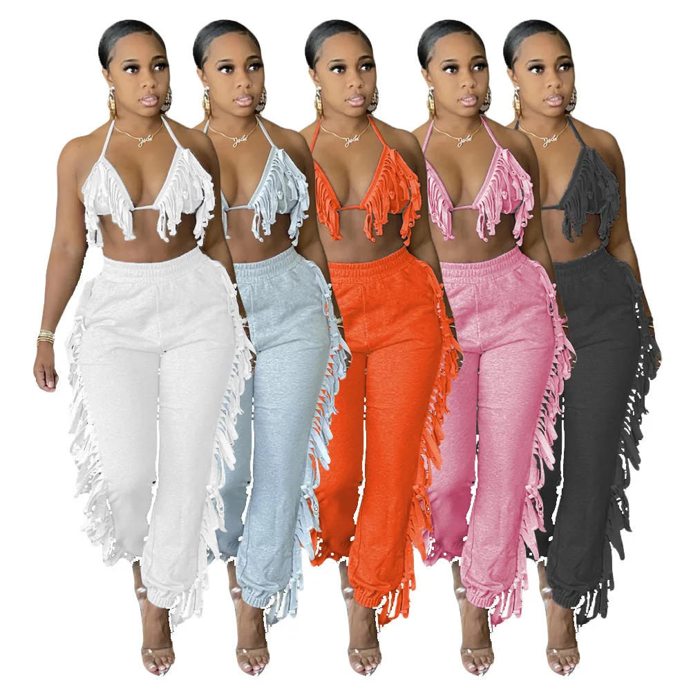 

Wholesale Tassel Solid Two Piece Sets Women 2021 Crop Tops+Elastic Pants Sporty Matching Suits Casual Set, Color as picture