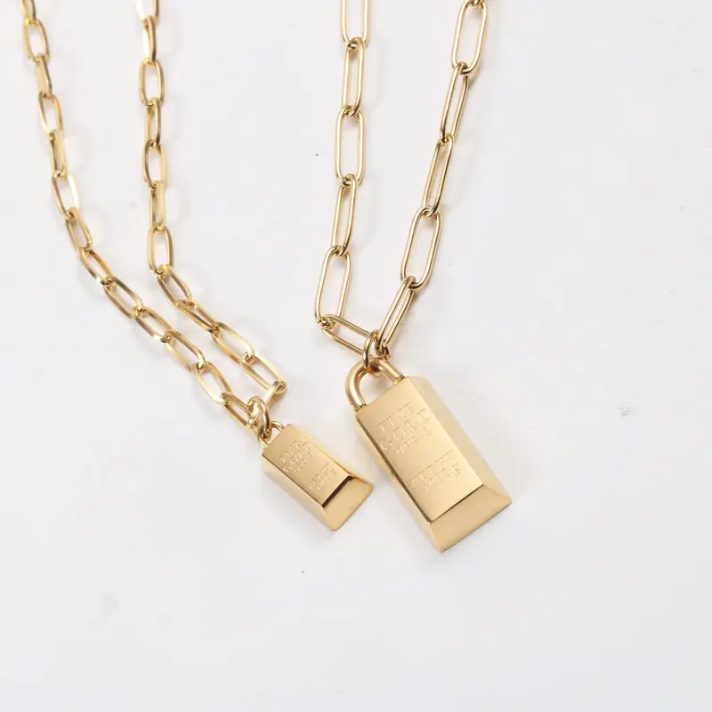 Joolim 18k Gold Plated Tarnish Free Waterproof Paper Pin Chain Gold Block Pendant Stainless Steel Necklace Jewelry Wholesale