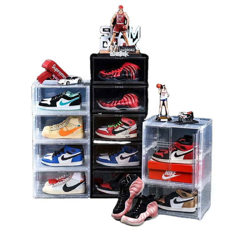 

2021 Newest Design Shoe box Stackable Shoe Space Saving Multifunctional Transparent Drop Front Clear Shoe Storage, Transparent white