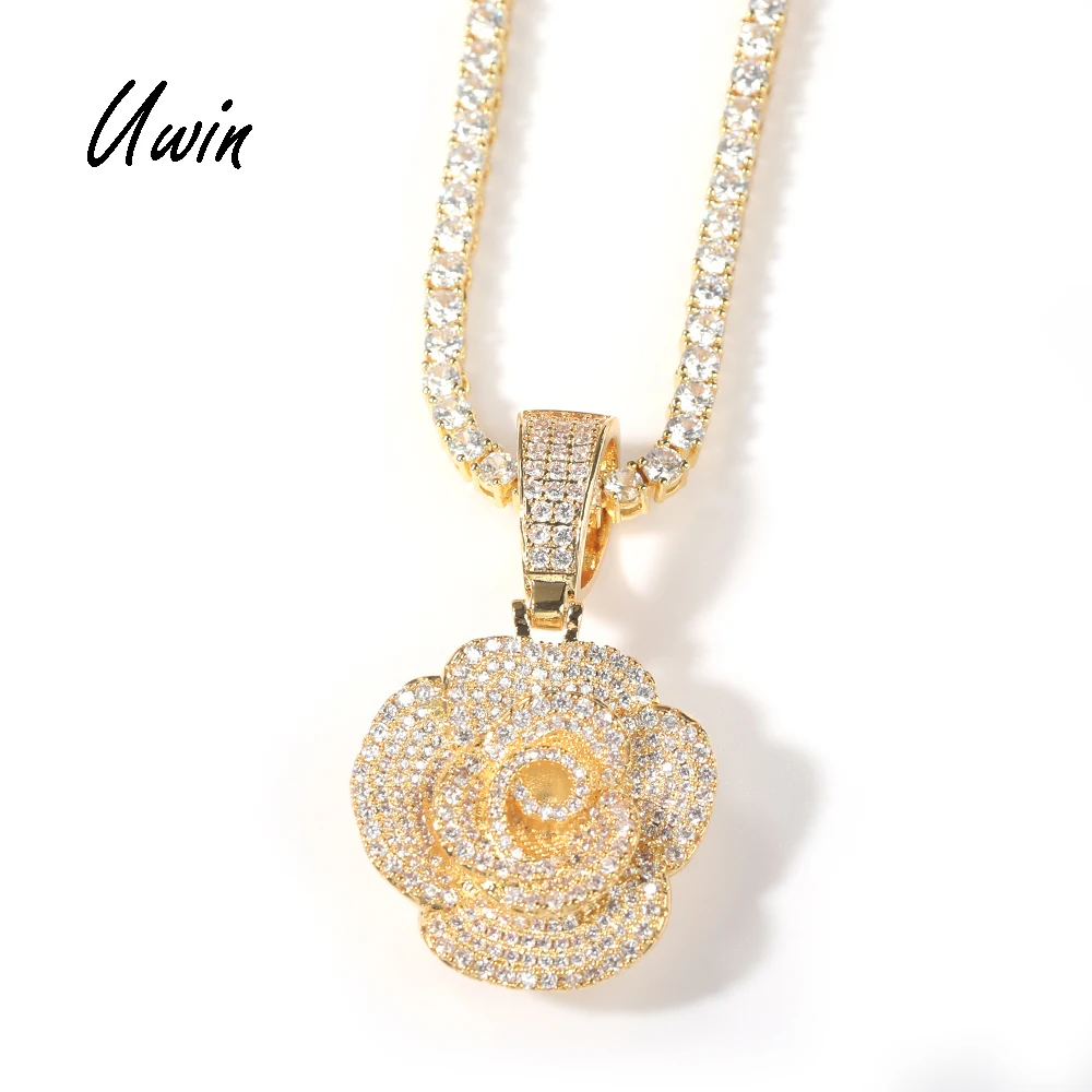 

2021 HIced Out Inlay Crystal Rose Flower Pendant CZ Rose And Flower Pendant Charm Necklace