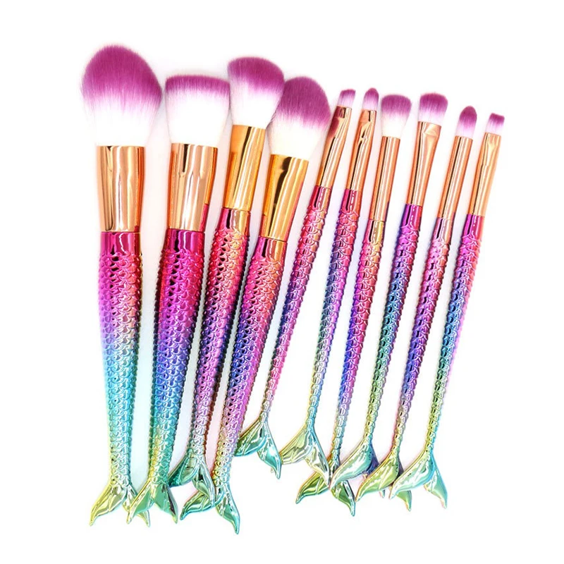 

In Stock Amazon Hot Selling Fancy Mermaid Handle Private Label Makeup Brush Set 10 pcs Make up Brush Kit Foundation Brush, Gold