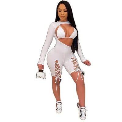 

2021 New arrival women sexy long sleeve bodycon bandage hollow out jumpsuit women playsuits