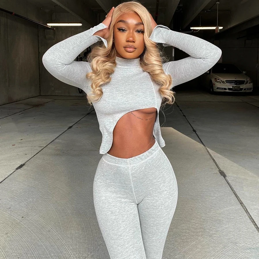 

Kliou K21S08777 Fall Long Sleeve Crop Top + Legging Women Clothing Two Piece Pants Set