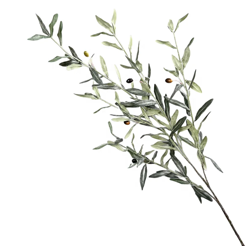 

High end flocking olive leaf long stem silk artificial olive leaves with fruit for home decor