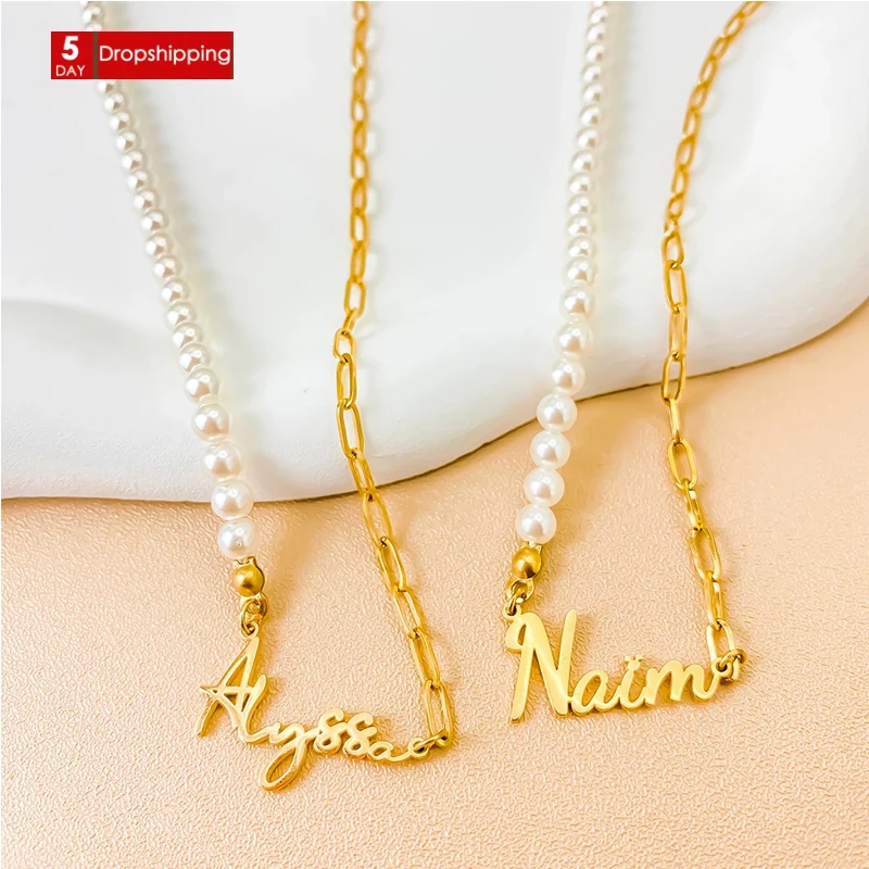 EManco Drop Shipping Personalized Name Letter Pendant Necklace Faux Pearl Diamond Fashionable Style 316 Paperclip Chain