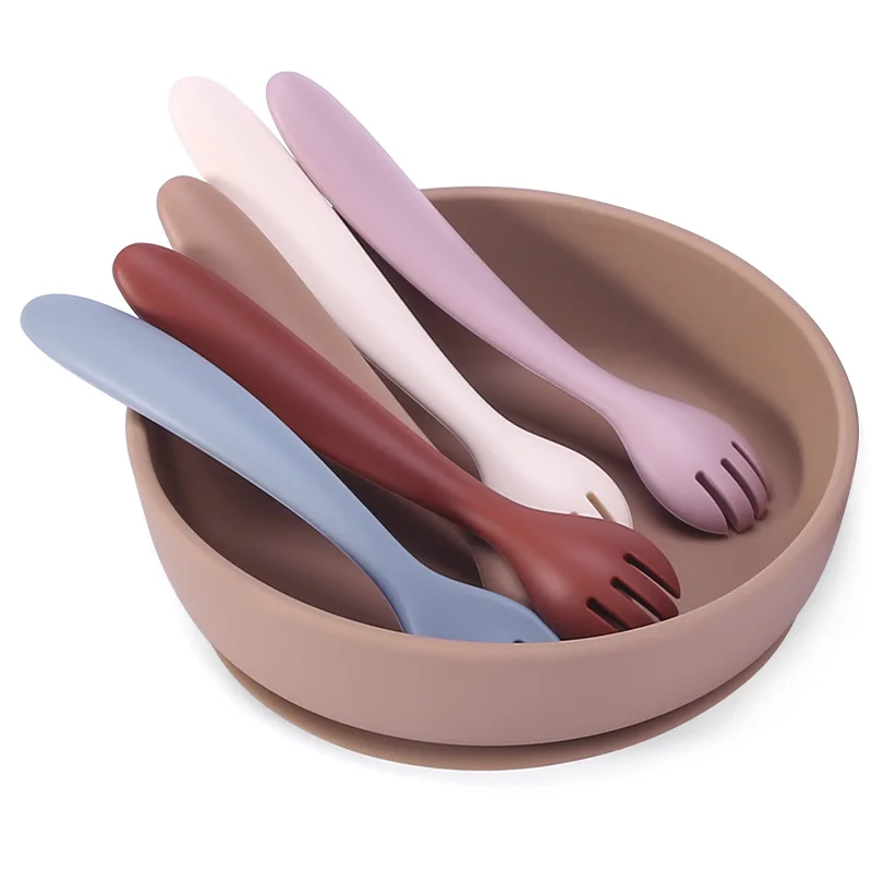 

New Eco-Friendly Baby Bowl And Spoon Baby Feeding Fork Silicone Spoon Plate Set