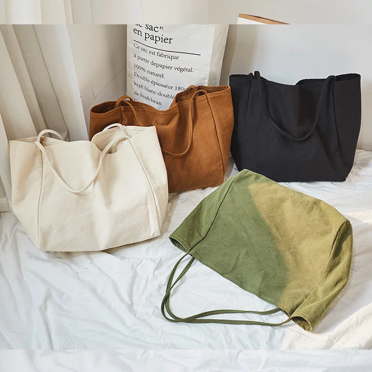 

Korean style custom canvas bag woman's single shoulder large capacity shopping handbag wholesale, Black