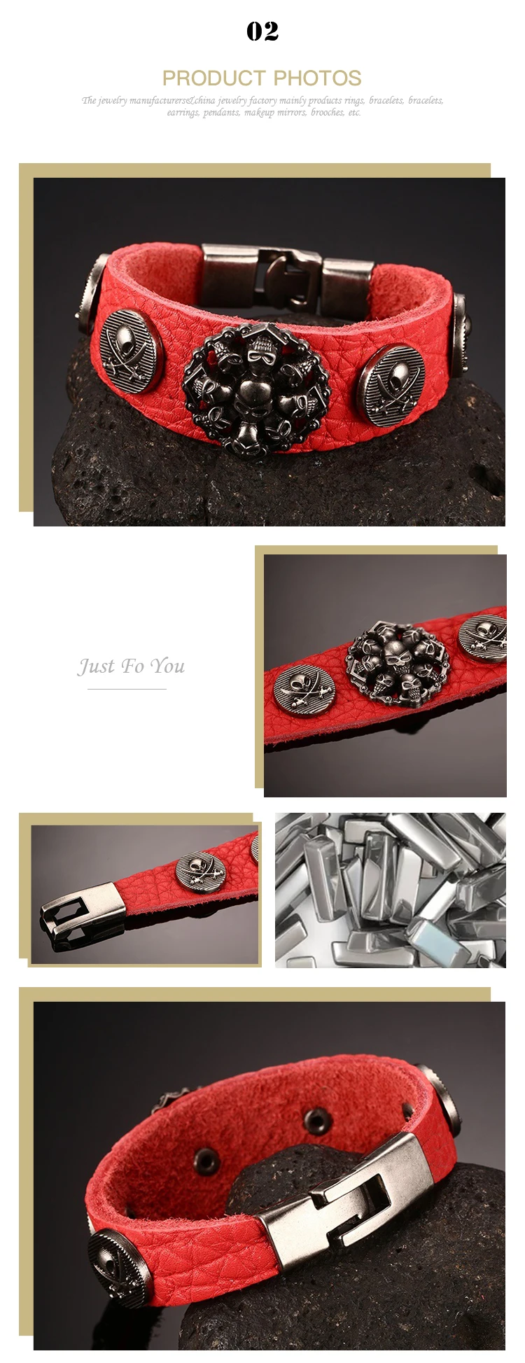 Spot wholesale alloy skull red leather men's bracelet BL-184