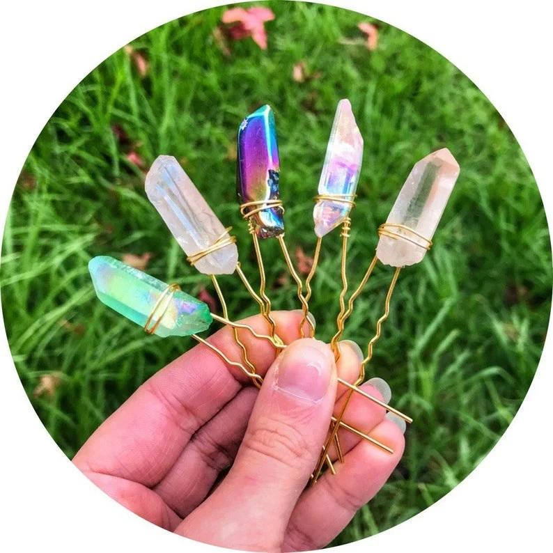 

Natural Stone Hair Pins,Rainbow Raw quartz Bobby Pins, As picture