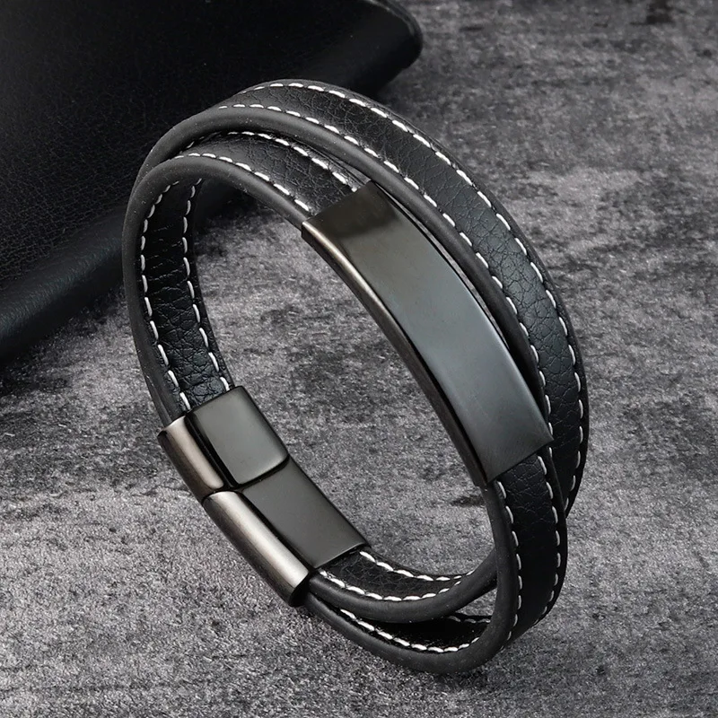 

Handmade Braided Men Wrap Leather Bracelet Wrist Cuff Bangle Stainless Steel Magnetic Clasp Leather Bracelet
