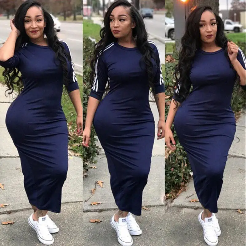 

2022 Summer Women Solid Color Dress Casual Round Neck Short-Sleeved Striped Tight Skinny
