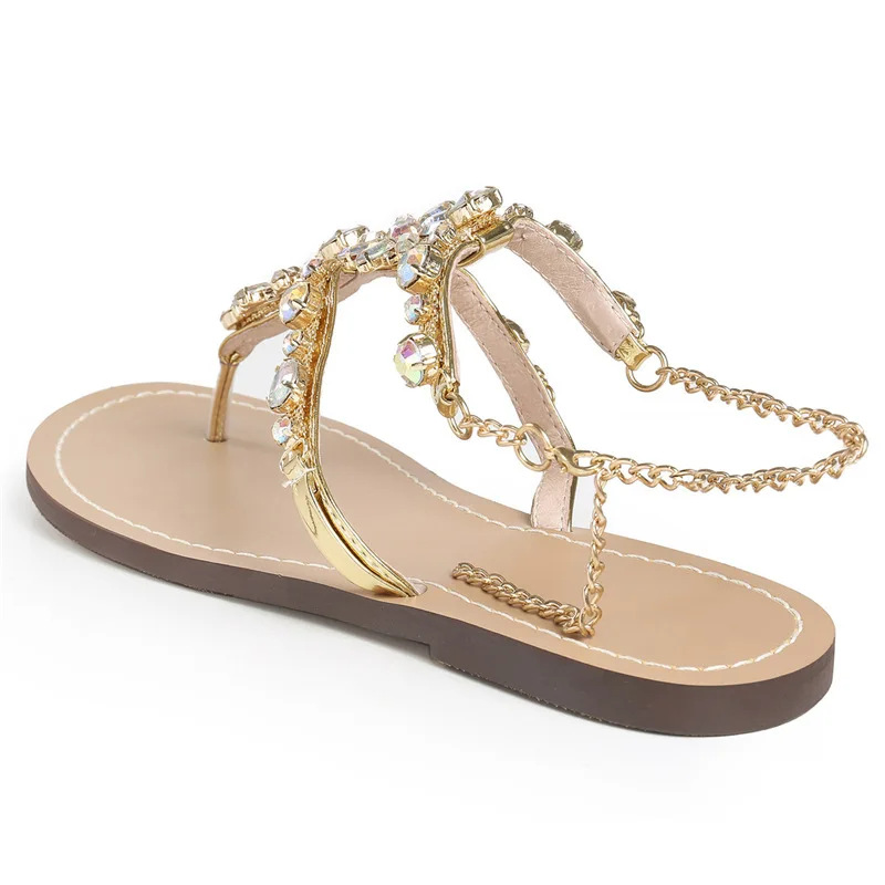 

Spring New Arrivals Fashion Rhinestone Chain Flip Flops Flat Women Sandals, Gold