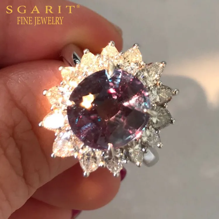 

SGARIT collection rare big color change gemstone jewelry 18k gold 5.58ct natural Chrysoberyl Alexandrite ring, Green (daylight) to purplish-red (incandescent light)