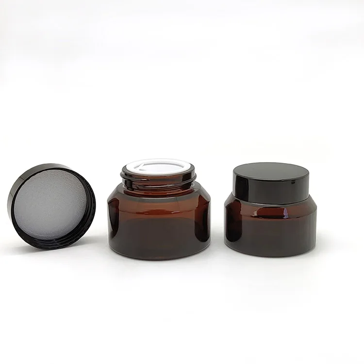 

15g 30g 60g Customized Eye Face Skin Care Cosmetic Cream Container Oblique Shoulder Amber Glass Jar with Black Lid