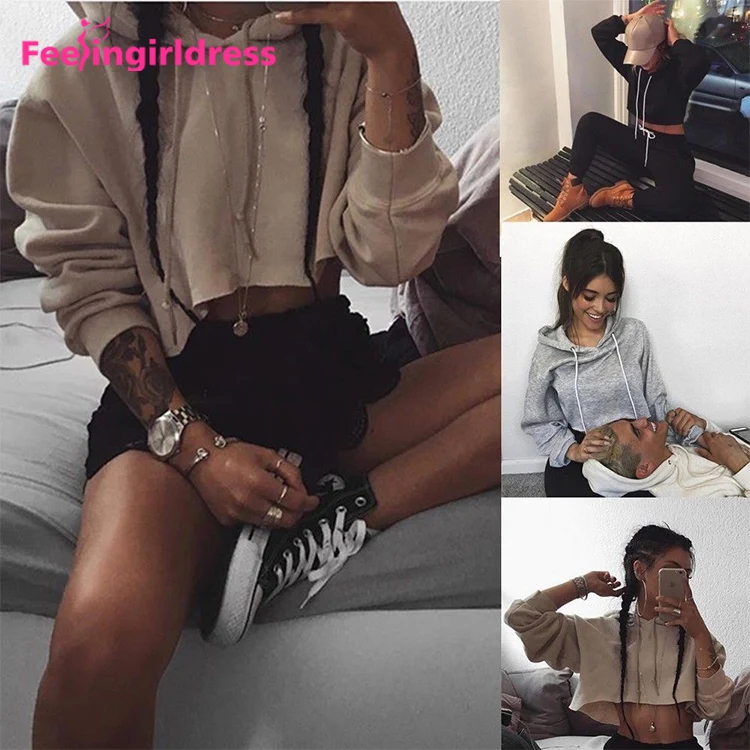 
OEM Logo Latest Design Lady Pullover Hoodies Women Long Sleeve Crop Top 
