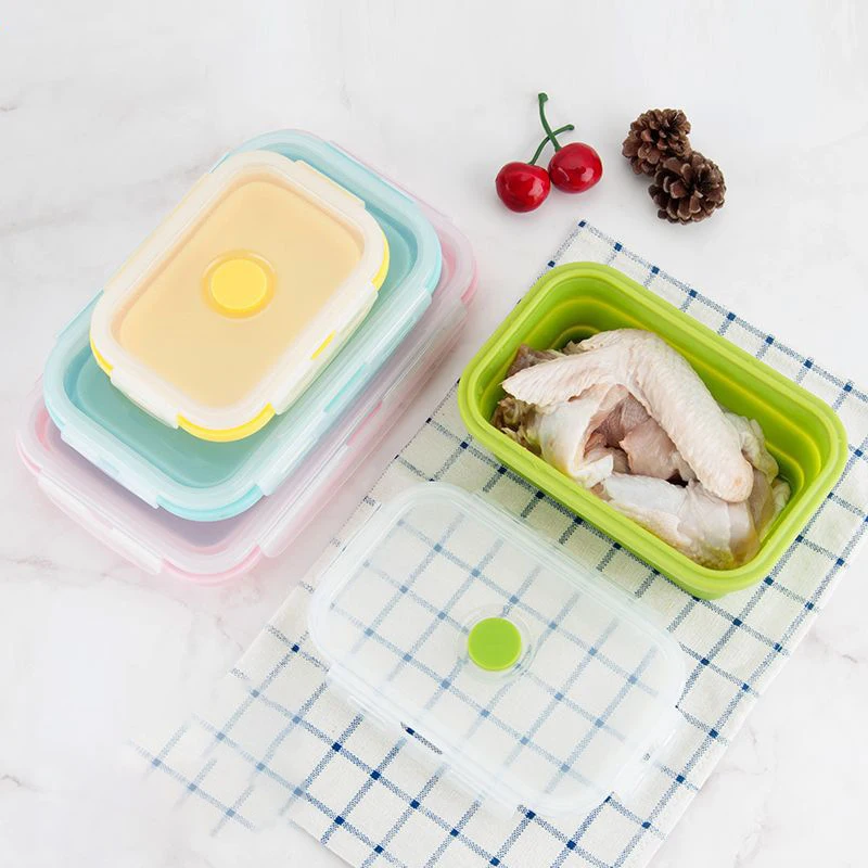 

Food grade 4 pcs silicone box collaps lunch silicon, hot sales microwaveable silicone collapsable snack containers collapsible, Blue, red, green, pink, grey blue