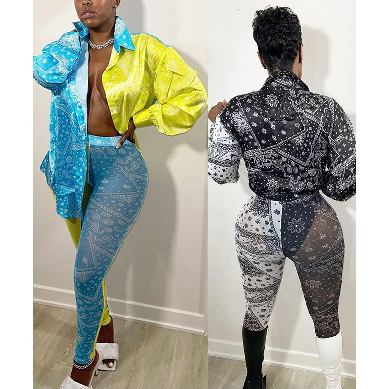 

Free shipping Trendy Fall New Fashion Women Printed Long Sleeve Shirt Casual Pant Sets print hollowed-out mesh trouser suit, Color avaliable