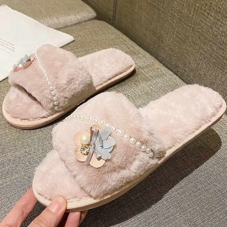 

customized Women's Fuzzy Fluffy Furry Fur Slippers Flip Flop Open Toe Cozy House Memory Foam Sandals, Black ,grey ,pink