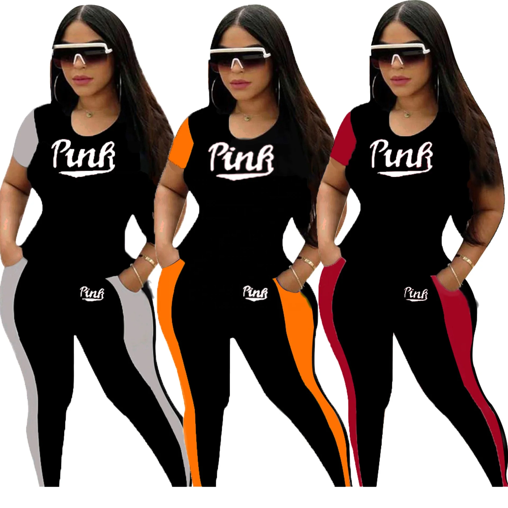 

Pink print logo Short Sleeve Two Piece Sport Set tracksuit Women sweatshirt Casual 2 pcs Outfit set for woman joggers wear