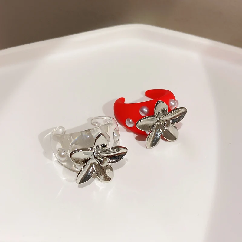 

fashion red color pearl flower resin rings women