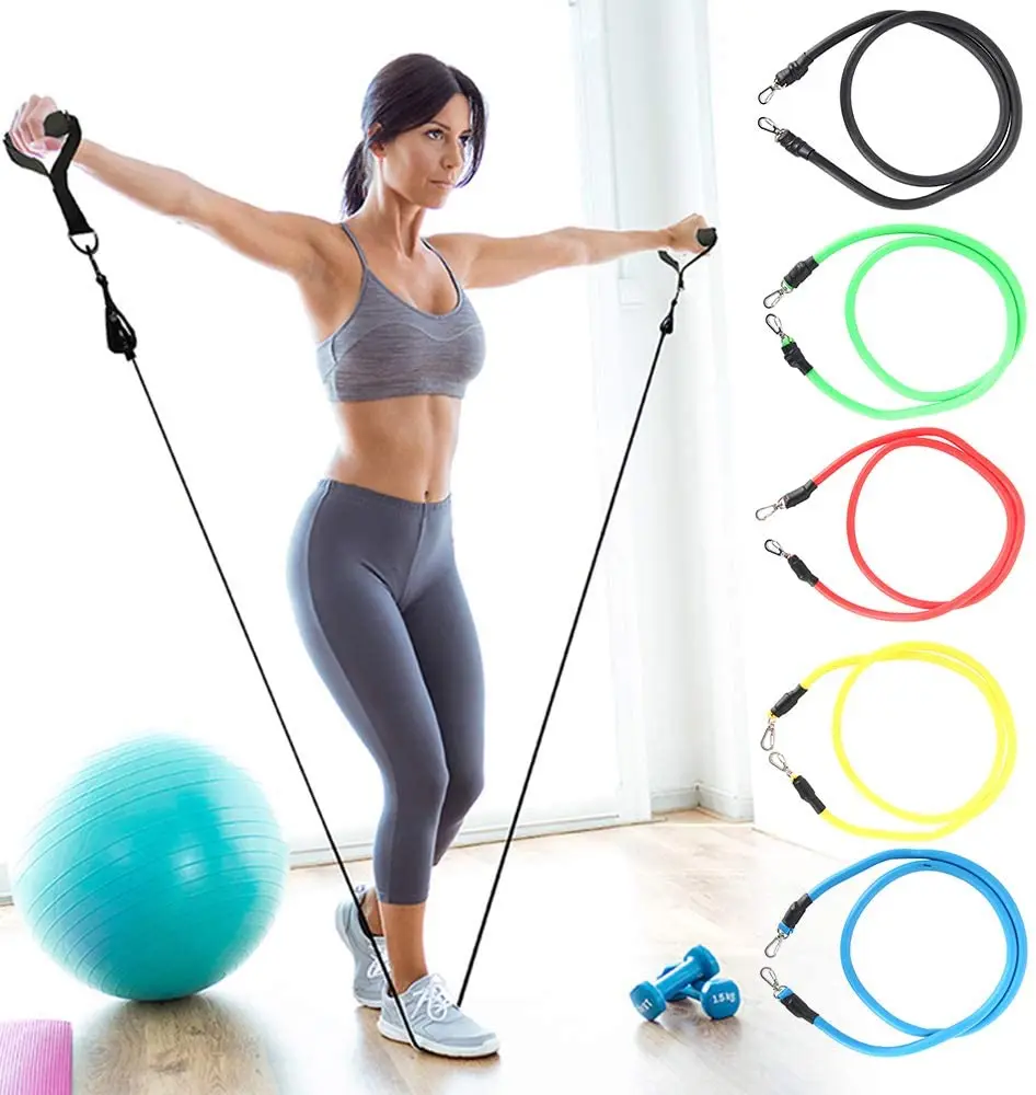 

Amazon Supplier of Adjustable 11 pcs Training Exercise Tube Workout Bands Fitness Latex Resistance Bands Set With Handles, Many different color