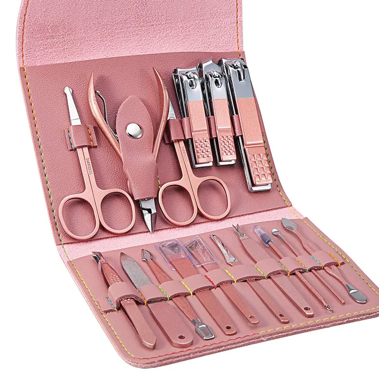 

Professional 16 pcs Stainless Steel Grooming Kit Women Manicure Set with Luxurious Leather Travel Case, Pink, sliver grey or customized