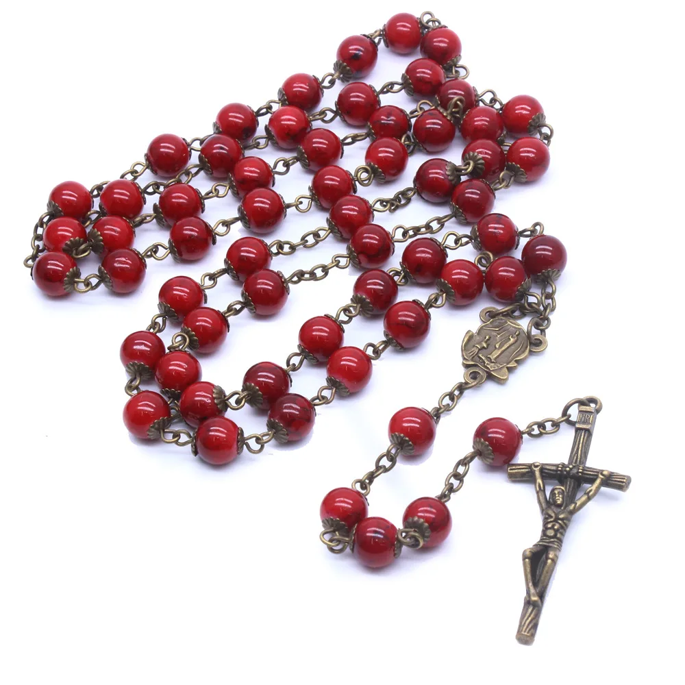 

Antique Bronze Plated Red Glass Beads Rosary Necklace with Maria Center piece And Jesus Crucifix for Catholic Prayer Gifts, Silver plated